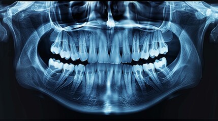 X ray displays the complete arrangement of upper and lower teeth, highlighting potential cavities, misalignments, and dental health concerns in a clinical environment during examination.