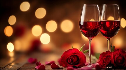 Two Glasses of Red Wine with Red Roses and Bokeh Lights Celebrating Romance : Generative AI