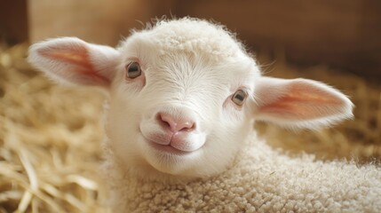 Obraz premium Cute lamb in hay, farm animal, close-up, peaceful scene, possible use in children's books, greeting cards