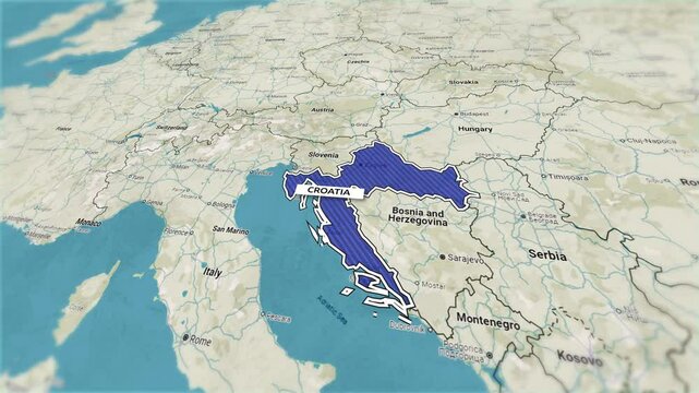 Borders of the state of Croatia on the map. Country Croatia on the map is highlighted by a polygonal border. From above zooming in with panoramic view