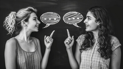 Two women engaging in conversation with speech bubbles drawn on chalkboard background, expressing joy and connection