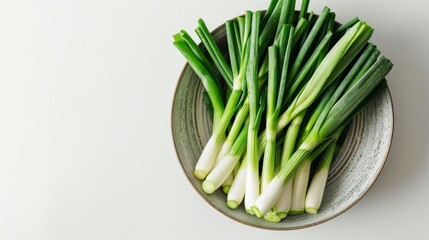 a bowl filled with fresh leek. empty space for your text