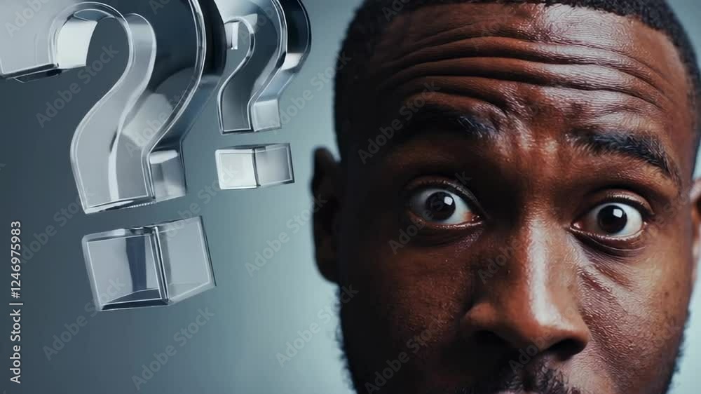 Poster Close up of a confused man with multiple question marks floating around his head, expressing doubt, uncertainty, and the challenge of decision making