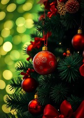 Fototapeta premium Festive christmas tree with red and gold ornament bokeh green bokeh green abstract background light bright blur pattern