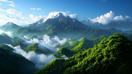 Obraz premium Lush Green Mountain Range with Misty