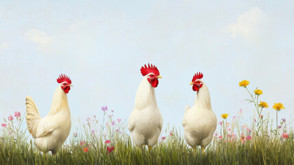Fototapeta premium Roosters and hens in wildflower field, showcasing vibrant colors and nature beauty