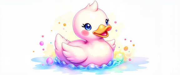 Obraz premium Playful pink duck bath toy floating in colorful bubbles, child fun