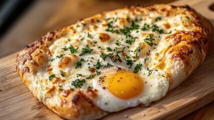 Baked bread with egg and melted cheese on top