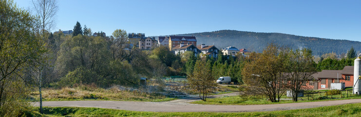 Fototapeta premium View from Kotliarevskogo street towards Nezalezhnosti street, Skhidnytsia, Western Ukraine.