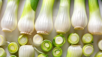 leek arranged in rows and top view on white background