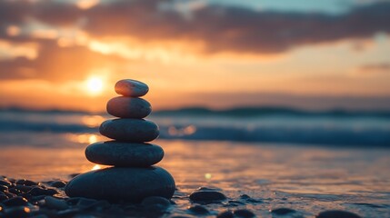 Tranquil Stacked Stones on Beach at Sunset Representing Balance and Harmony in Nature : Generative AI