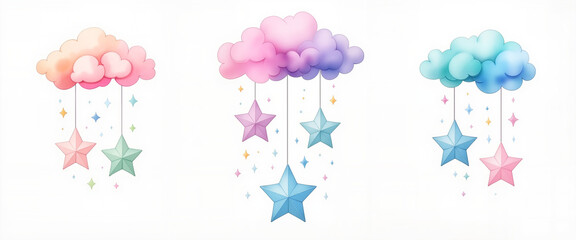 Cute baby mobile with clouds and stars in pastel colors, nursery decor