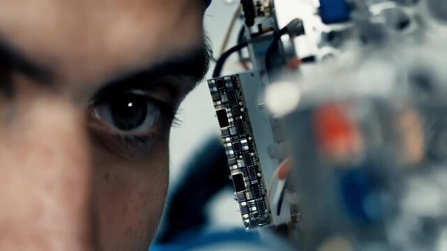 Skilled engineer focusing intently while inspecting intricate circuit board, demonstrating precision and deep technical knowledge in electronic components research