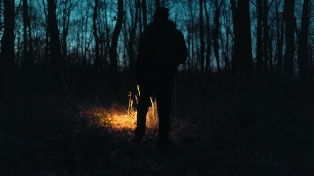 A flashlight beam illuminates a man search in the dark forest at night.