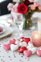 Elegant Table Setting with Heart Candies and Floral Centerpiece for Romantic Dining : Generative AI