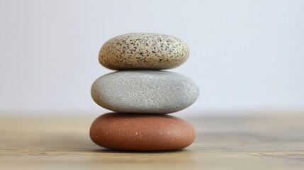 Zen balanced stack of three smooth stones on wooden surface symbolizing tranquility : Generative AI