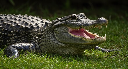 Fototapeta premium Majestic Close-Up of a Crocodile Relaxing in the Grass