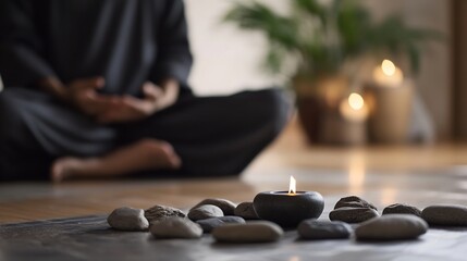 Meditative Serenity in Candlelit Room with Zen Stones and Calm Atmosphere : Generative AI