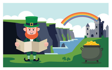 Leprechaun with map and pot of gold