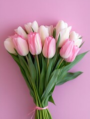 Lovely Bouqet of Pink and White Tulips on Pastel Pink Background for Spring Themes : Generative AI