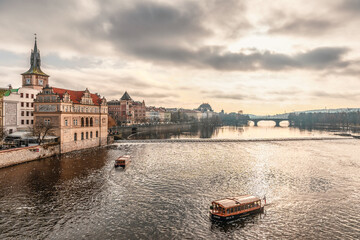 Fototapeta premium Panoramic view on Prague Historical Gothic Medieval castle and church complex, St. Vitus Cathedral, Charles Bridge, astronomical clock, Basilica of St. George, Unesco city tourism