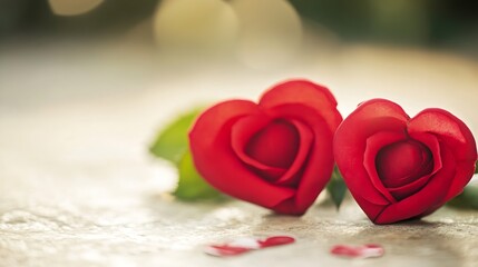 Fototapeta premium Pair of red rose hearts resting on a textured surface with soft light : Generative AI
