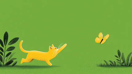 playful yellow cat chases butterfly in vibrant green garden