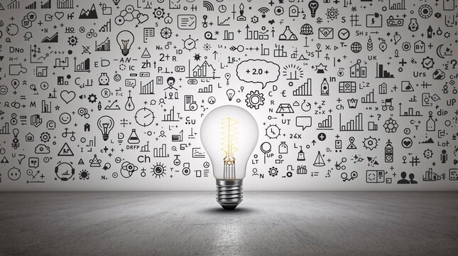 Glowing Light Bulb on Concrete Floor with Hand-Drawn Scientific Doodles on White Wall