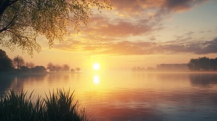 Misty sunrise over tranquil lake, trees, calm water