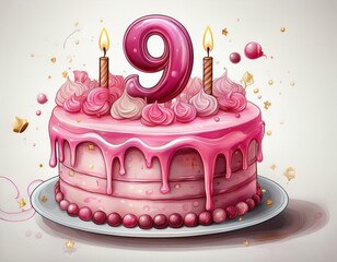 Illustration of decorated pink cake for birthday or anniversary party. Number 9, ninth birthday celebration
