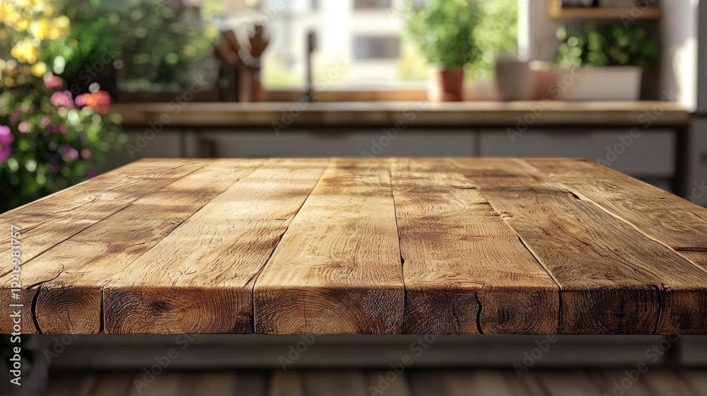 Aufkleber A rustic wooden table top captures warm sunlight in a inviting kitchen space with blurred background elements, creating a serene environment ideal for product montage or design inspiration