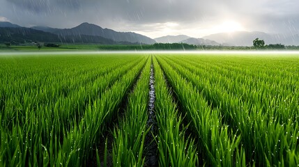 Fototapeta premium Lush Green Rice Paddy Field at Sunset