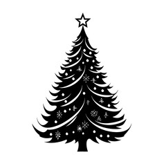 Black silhouette of Christmas tree with ornaments and star