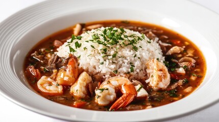 A bowl of gumbo with rice and seafood on a white background