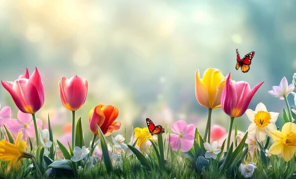 Beautiful pink tulips and white daffodils blooming in a spring garden with butterflies flying