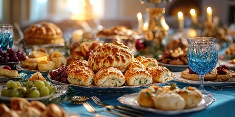 Fototapeta premium A table laden with a variety of delicious holiday foods and drinks, including pastries, fruit, desserts, appetizers, wine glasses, and other festive dishes.