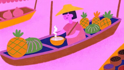 Naklejka premium A traditional wooden boat filled with fresh tropical fruits and street food floats along a bustling Thai market canal. A vendor in a straw hat smiles as she hands a bowl of steaming noodles to a custo