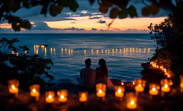 Couple enjoying a romantic candlelit evening by the ocean at sunset	