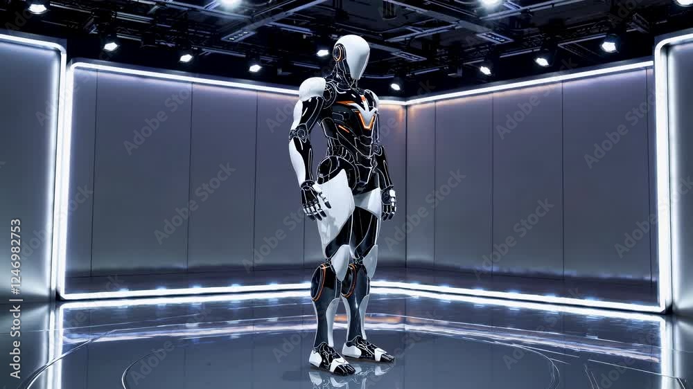 Poster futuristic robot with sleek black and white design. advanced ai concept in high-tech setting. artifi