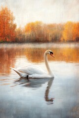 This is a painting of a single swan swimming on a calm lake during autumn, surrounded by orange and yellow foliage along the shoreline, with the reflection of the swan and surrounding 