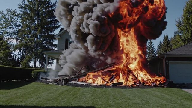 Front View of Massive Explosion | Bomb Detonates and Destroys House | Huge Fireball and Debris Flying | Intense Shockwave Blast | Building Collapse in Fiery Blast | Action-Packed Destruction Scene