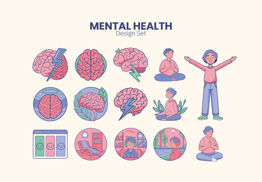 Pink and Purple Mental Health Care Illustration Set