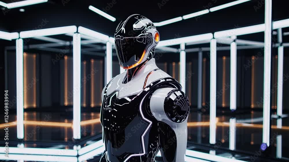 Poster Futuristic robot with sleek black and white design. Advanced AI concept in high-tech setting. Artificial intelligence and machine learning technology. Innovative robotics for future automation
