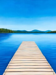Fototapeta premium Serene Lake View with Wooden Dock - A tranquil scene featuring a wooden dock extending into a peaceful lake surrounded by mountains under a clear blue sky.