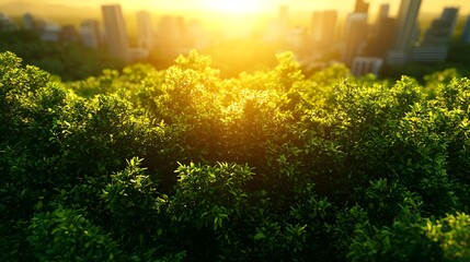 Naklejka premium Lush Green Trees Against City Skyline at Sunset