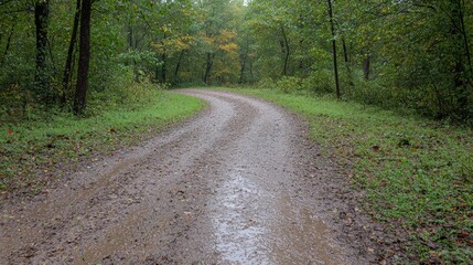 Fototapeta premium Rainy day, winding forest road, autumn leaves
