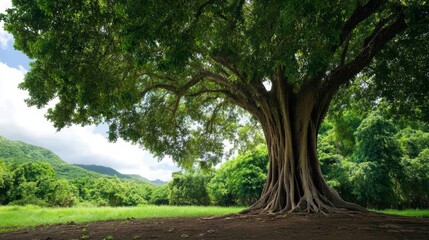 Fototapeta premium View of the dense green canopy of a large tree - A majestic large tree with a dense green canopy symbolizes strength, nature, resilience, tranquility, and biodiversity in a serene landscape setting.