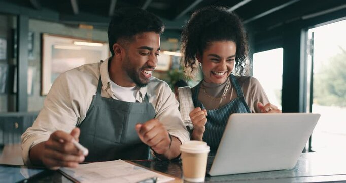 High five, laptop and success with people in coffee shop for celebration or motivation together. Conversation, management and partnership with small business owner team in cafe for goals or target