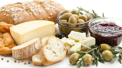 A colorful Turkish breakfast platter with olives, cheese, jams, and fresh bread on white.