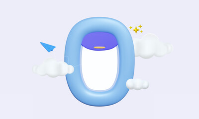 Airplane window with paper plane cloudy Luggage transportation  vacation concept on pastel background Innovative experiences trip. 3d Vector illustration